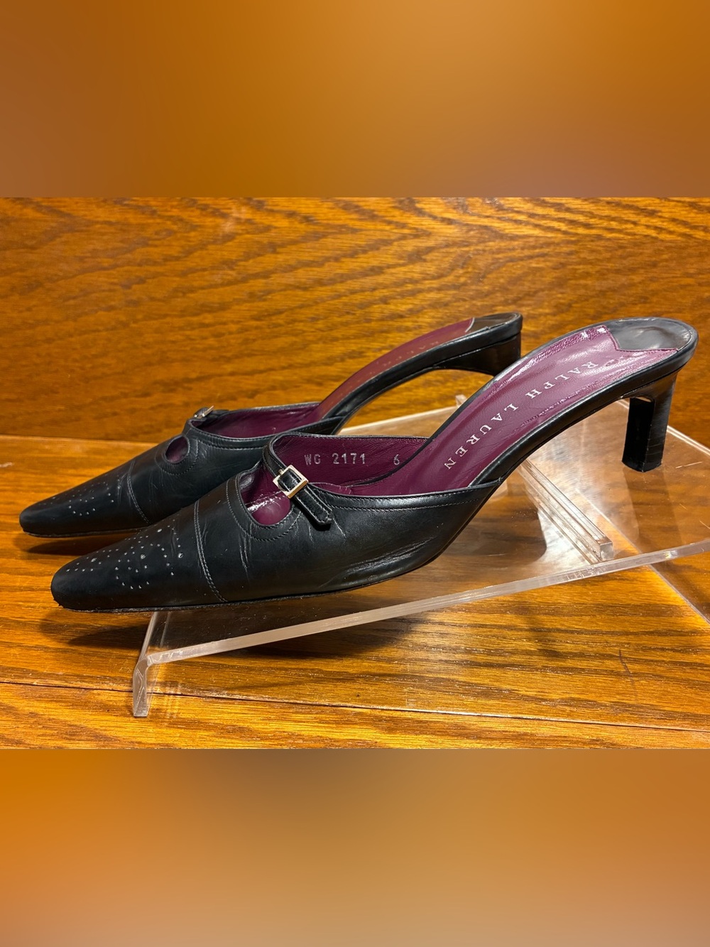 Y2K VTG Ralph Lauren ITALY MADE Perforated Toe Mary Jane Mules Black Leather 6 - Picture 5 of 16